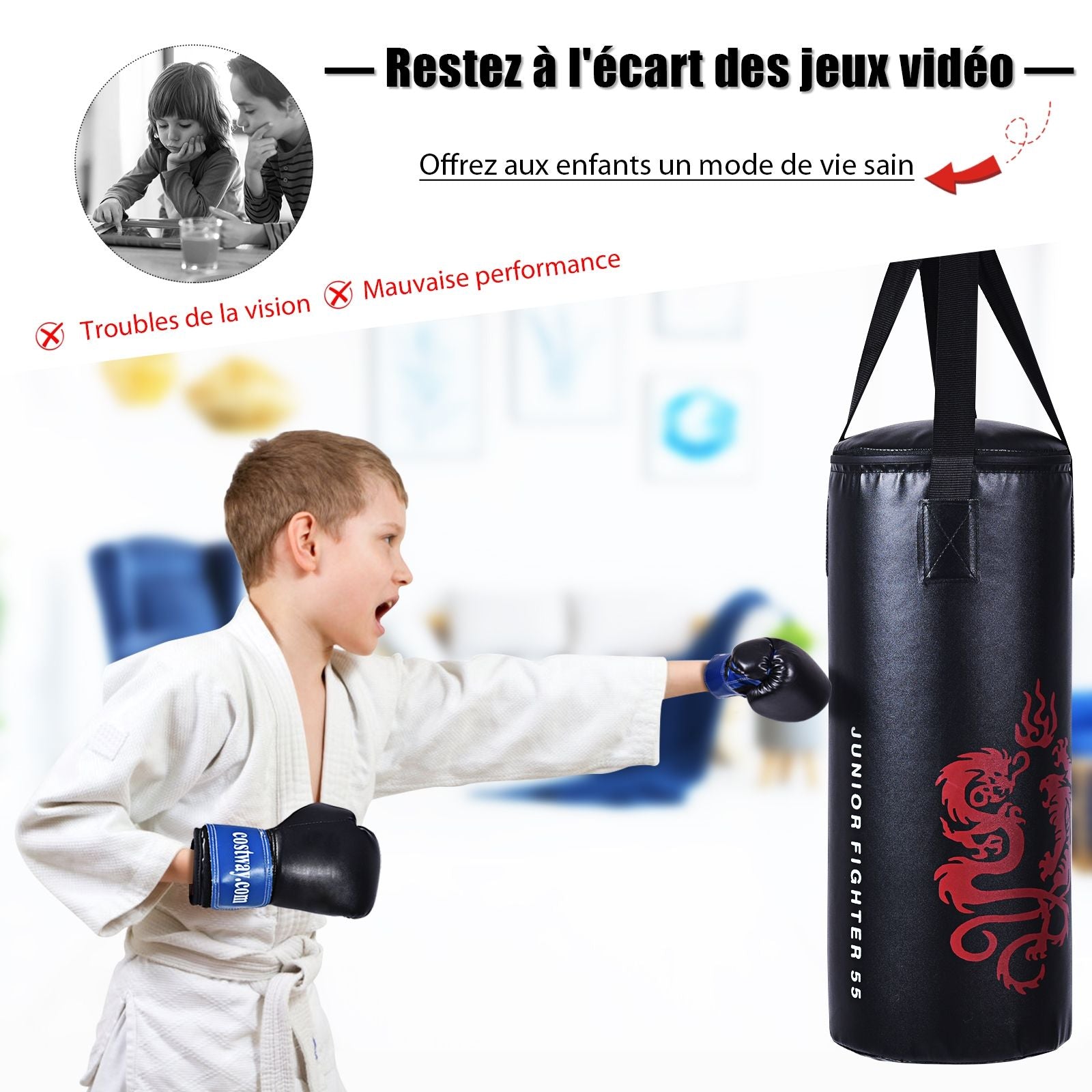 Sac De Boxe Sac De Frappe Kickboxing Pour Enfant Avec 2 Gants Corde À Sauter Chaîne Suspension