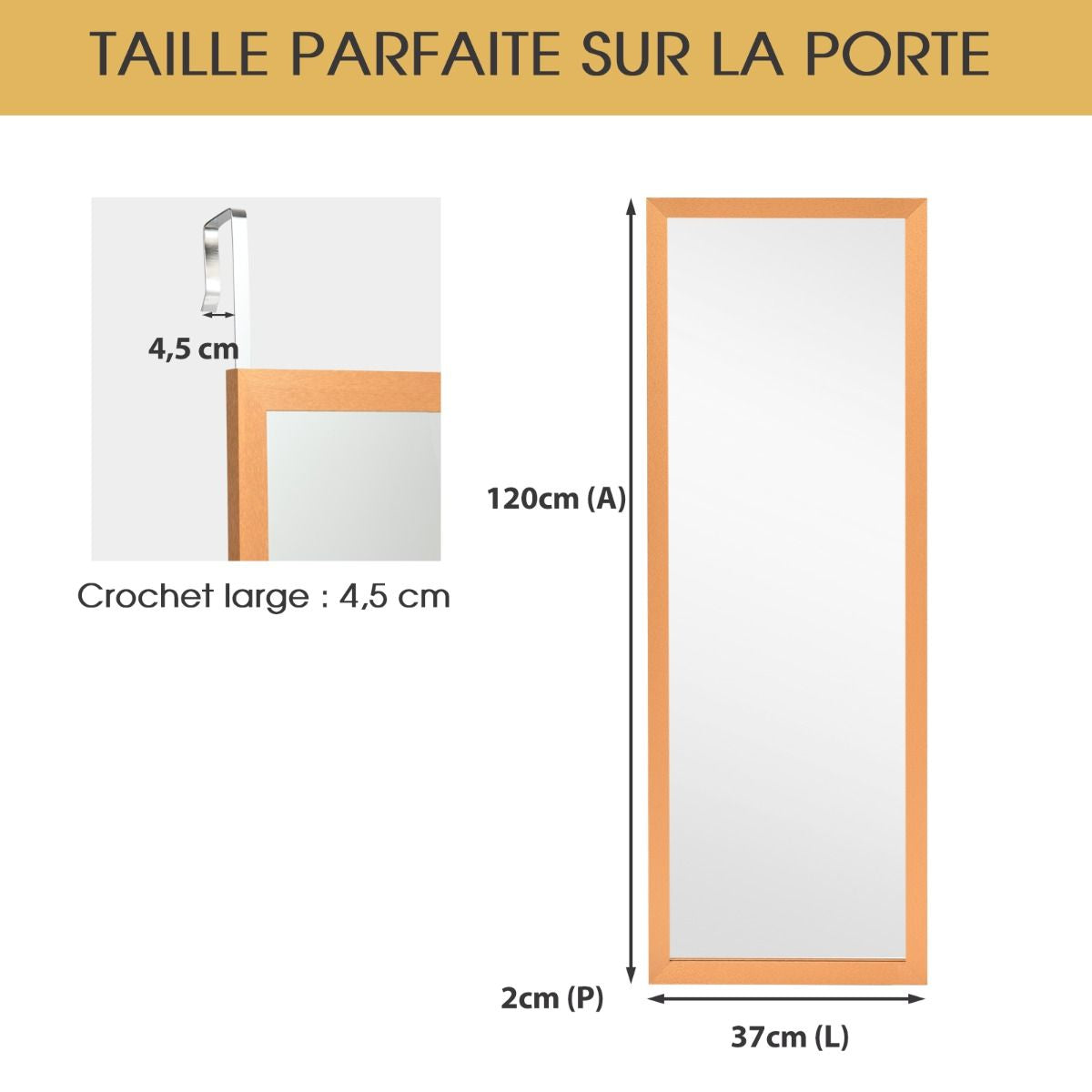 Miroir Mural Suspendu Miroir De Porte 120 X 37 CM Avec Crochets De Suspension Pour Chambre Salon Vestiaire Noir/Blanc/Or