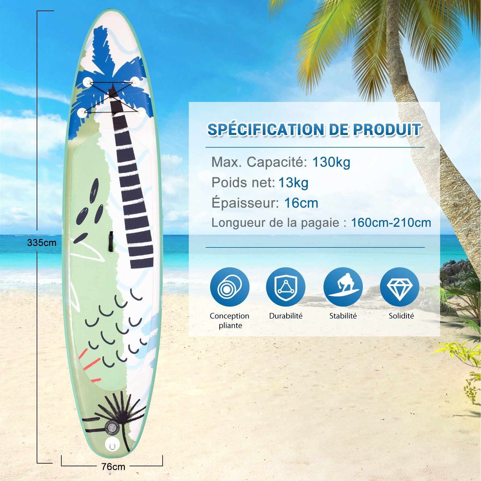 Paddle Gonflable 320X76X15Cm/335X76X15Cm En PVC Avec Pagaie Alliage Aluminium Réglable Aileron Amovible Pompe Manuel 130KG MAX Vert