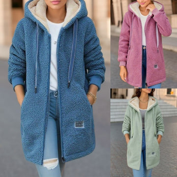 Winter Fleece Hooded Jacket Fashion Casual Zip-up Pockets Long Sweatshirt Warm Commuter Women's Clothing
