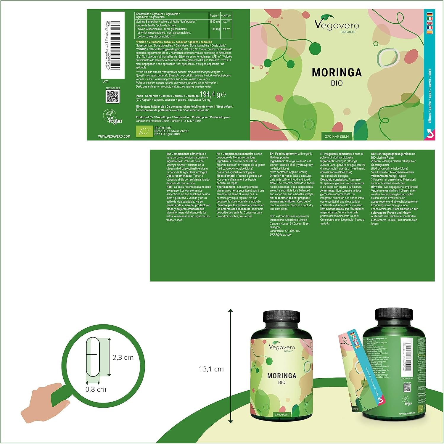 Moringa BIO 1800 Mg | 270 Gélules Vegan | SUPERFOOD : Multivitamines Et Minéraux Naturels | Antioxydant + Energie | SANS ADDITIFS | ®