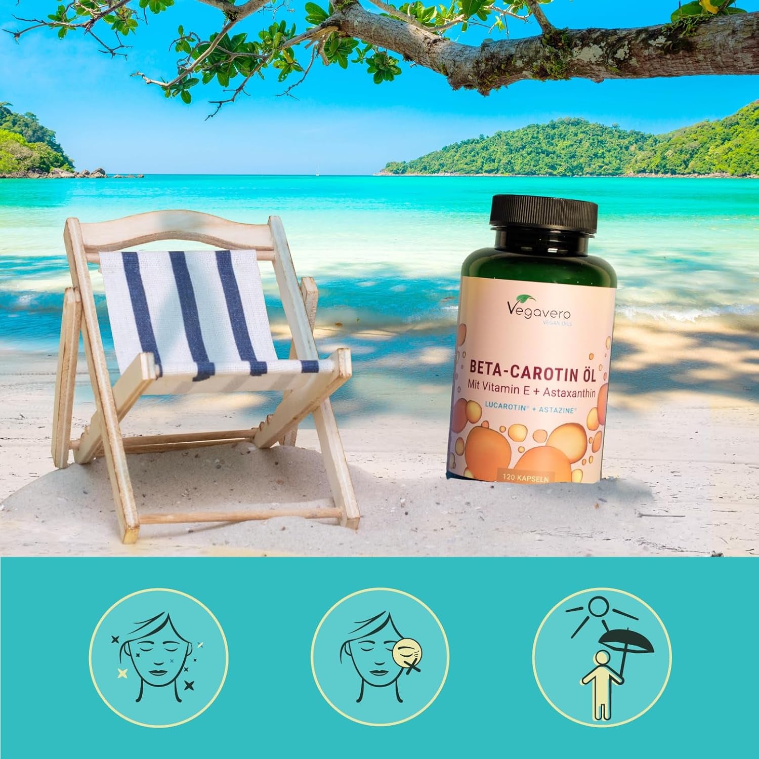 Complexe Bêta Carotène | Avec Vitamine E & Astaxanthine | 120 Gélules (4 Mois) | Qualité Supérieure : Lucarotin® B 30 SUN | Sans Additifs & Vegan | Protection Peau & Bronzage | ®